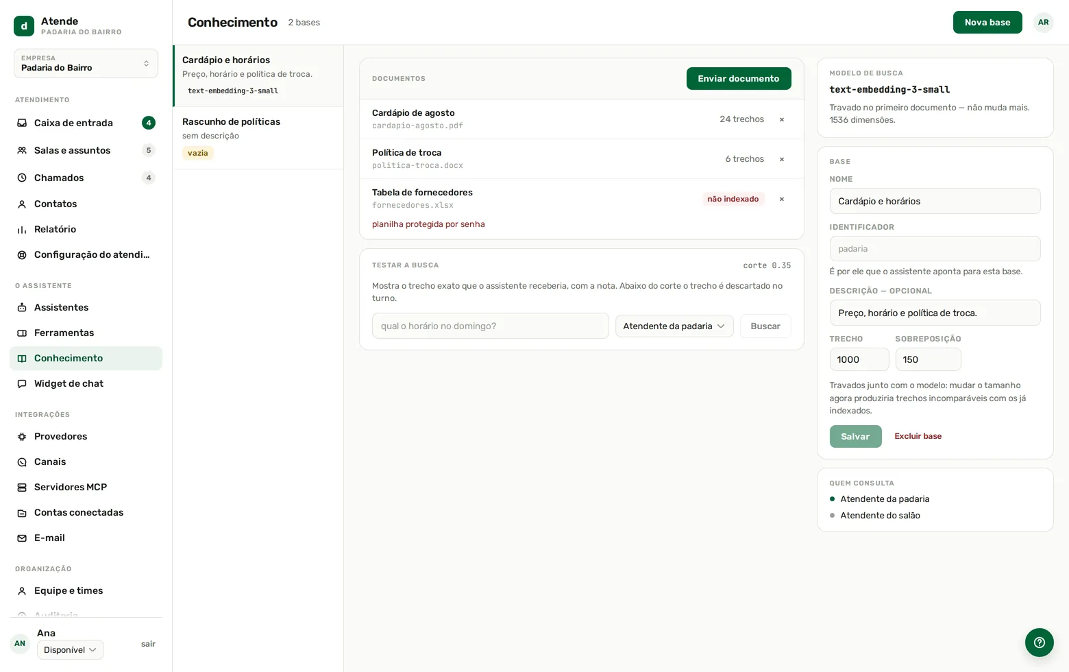 Tela Conhecimento do console do Dextra Atende com uma base, os documentos indexados e o painel de teste de busca