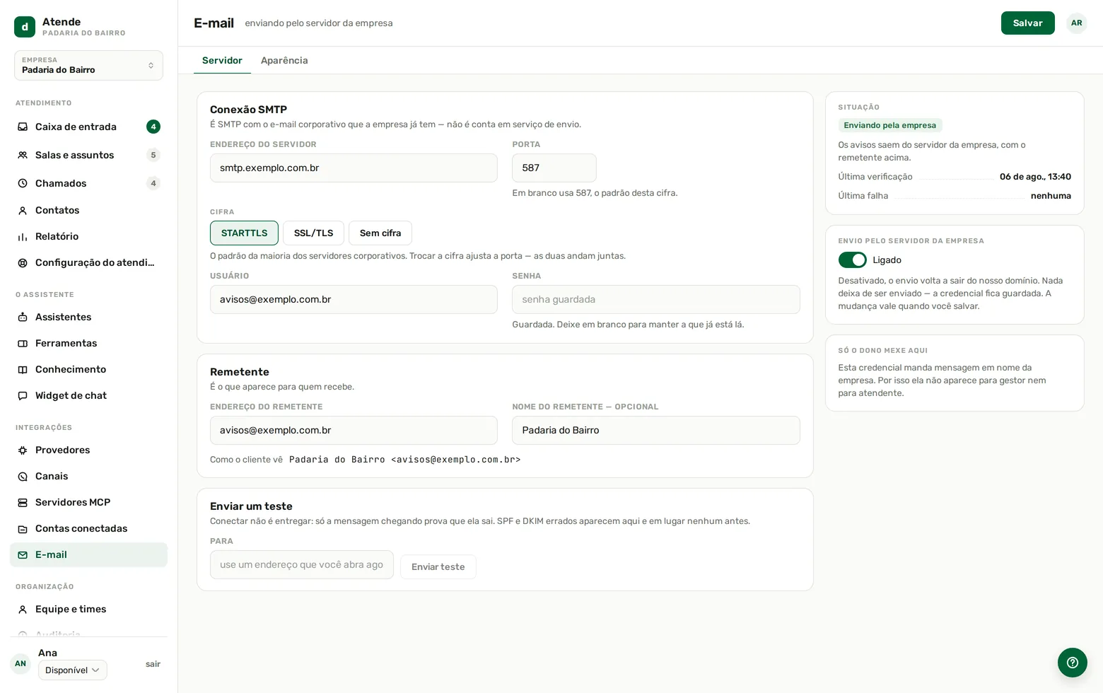Tela E-mail com servidor SMTP, remetente e envio de teste