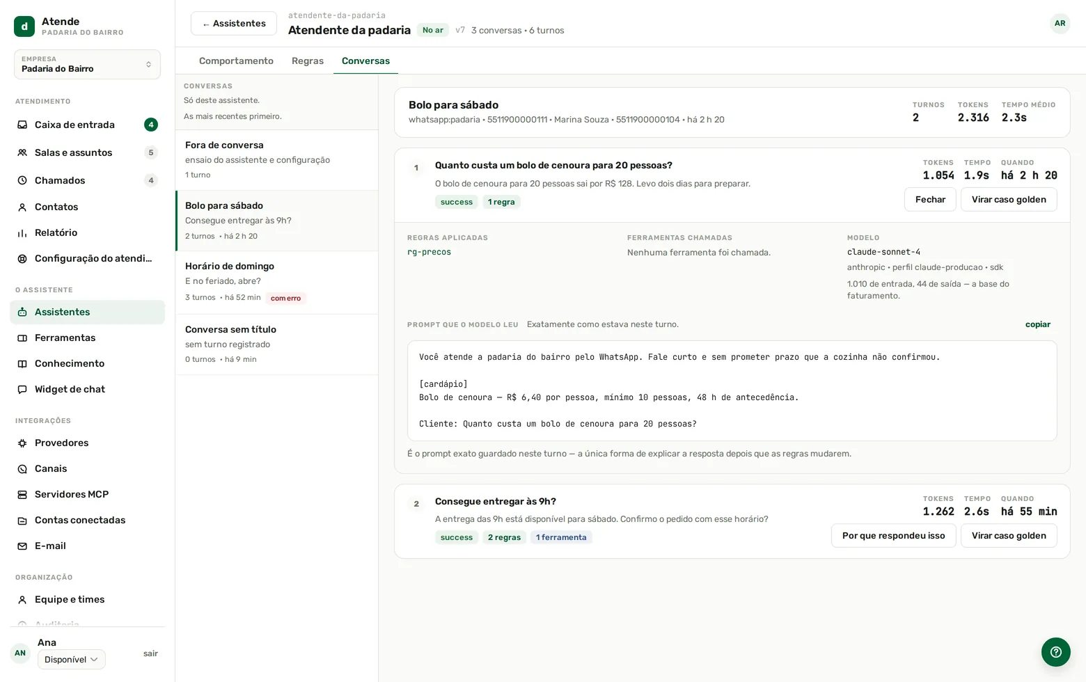 Tela Conversas e turnos do console do Dextra Atende explicando por que o assistente respondeu, com regras e ferramentas
