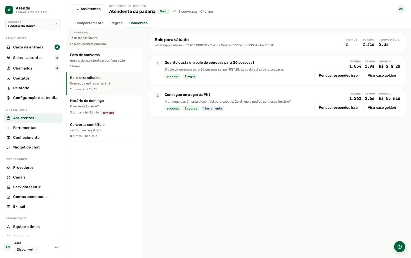 Lista de Conversas e turnos do console do Dextra Atende, com modelo, tokens e custo por turno
