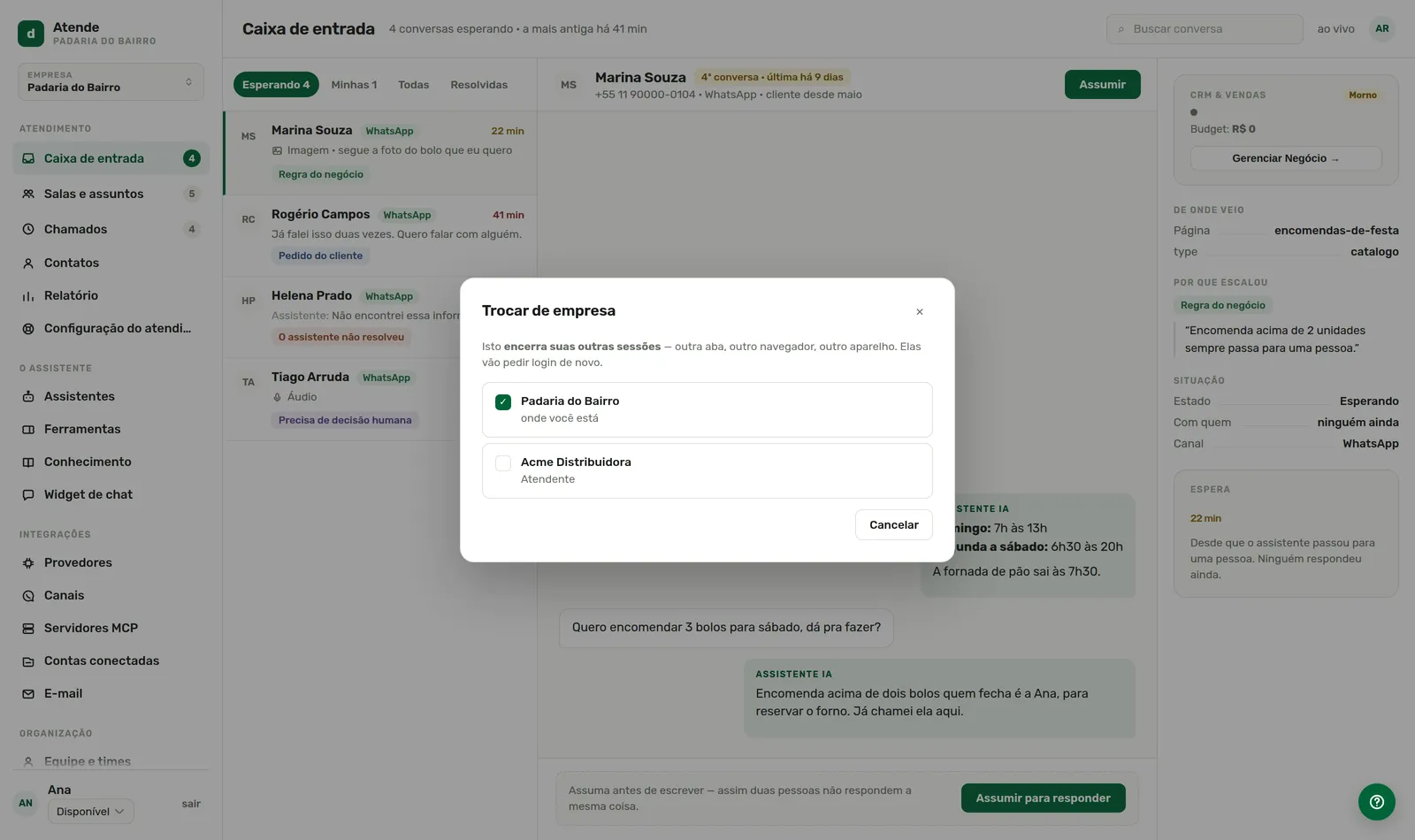 Trocar de empresa encerra as suas outras sessões.