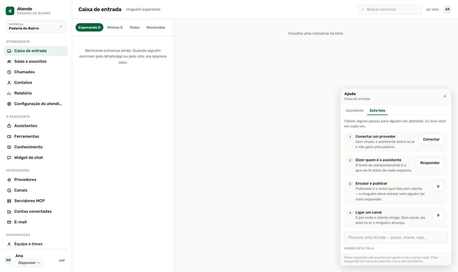 A Ajuda abre com os passos de configuração.