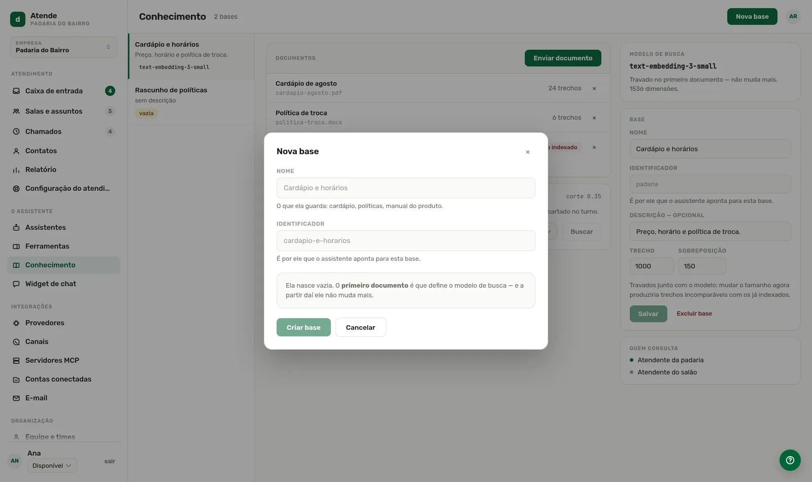 Nova base: um nome e um identificador.