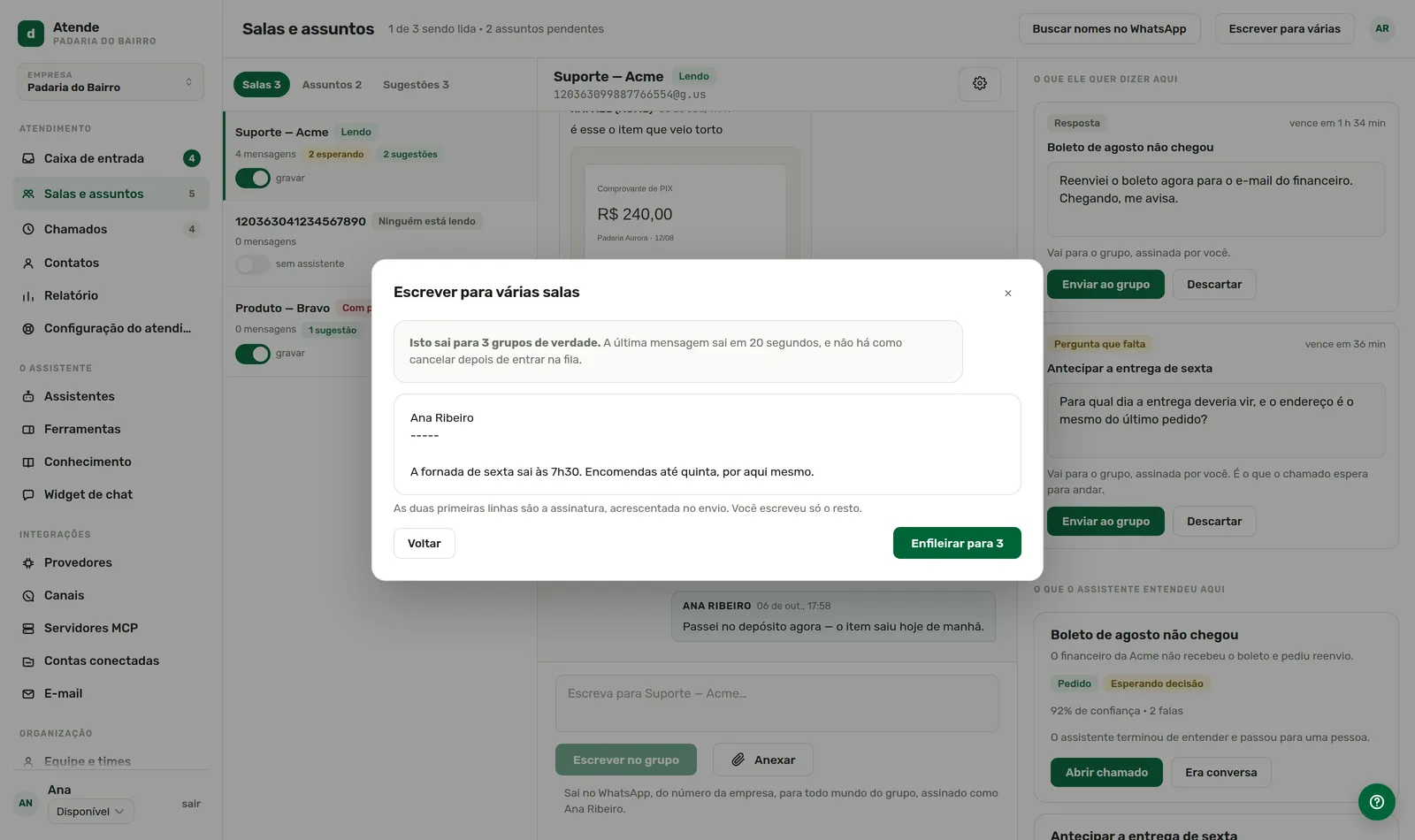 Escrever para várias salas, conferido antes de enfileirar.