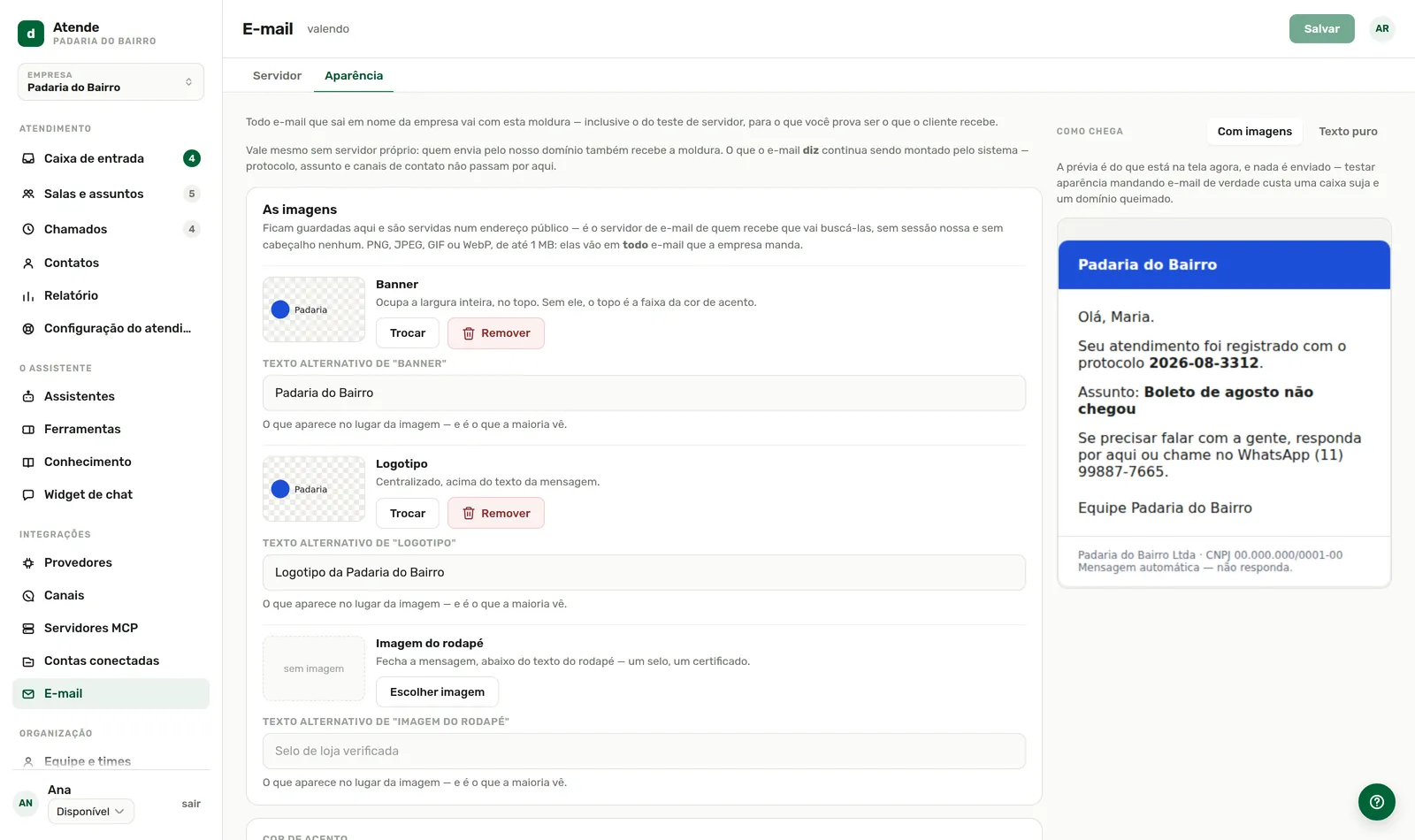 Aparência: a moldura do e-mail e a prévia.