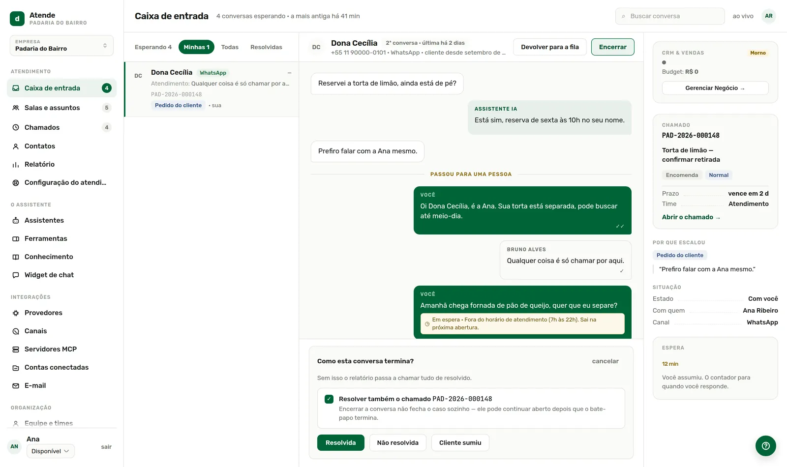 Resolvida, Não resolvida ou Cliente sumiu.