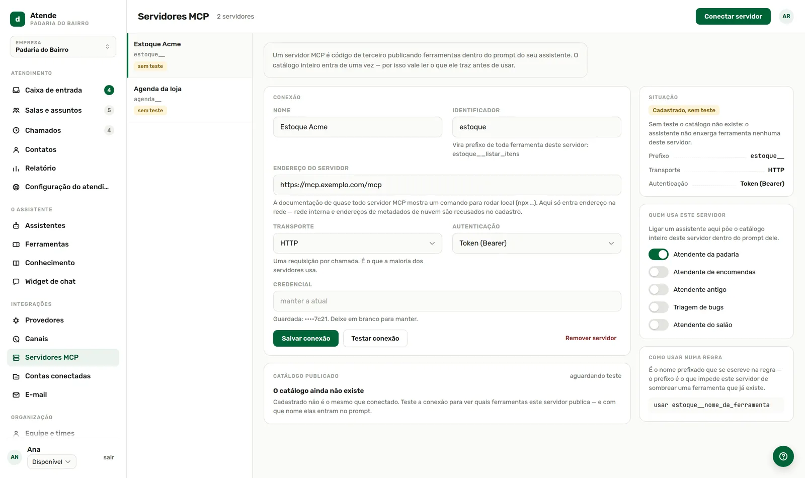 Servidores MCP, com teste de conexão.