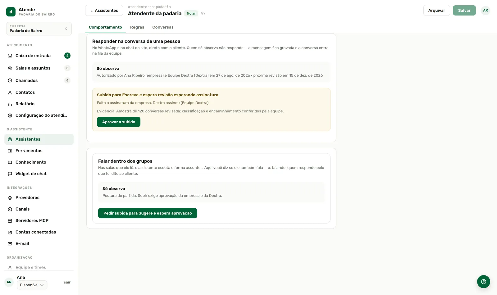 O modo muda quando o outro lado aprova, e não antes.