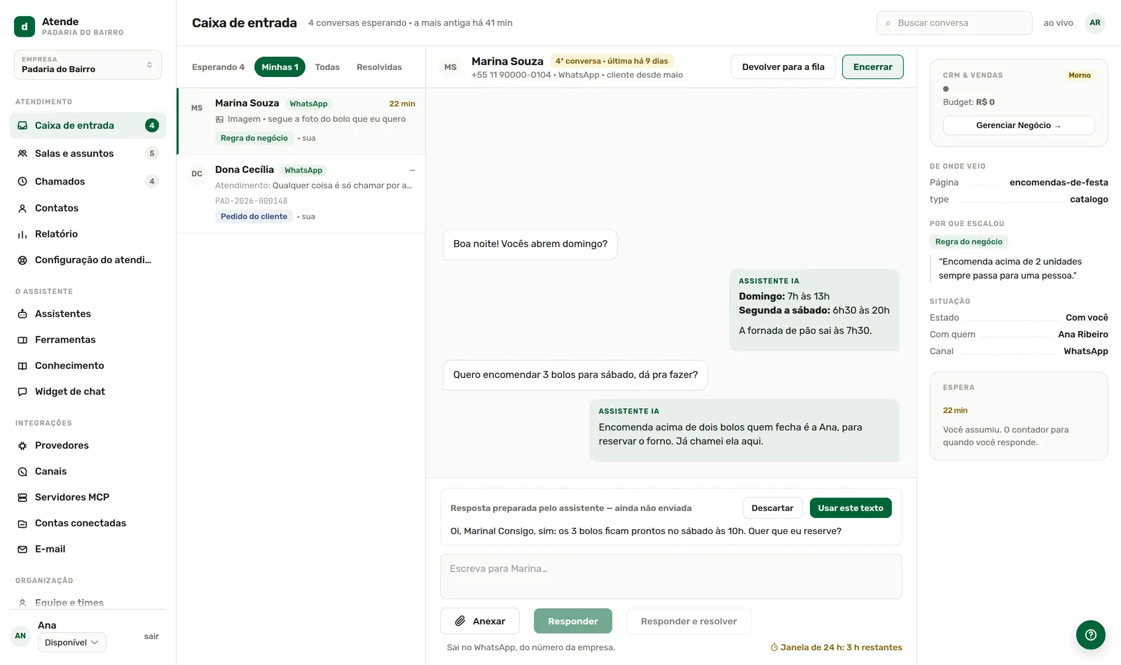 A resposta chega preparada, e ainda não enviada.