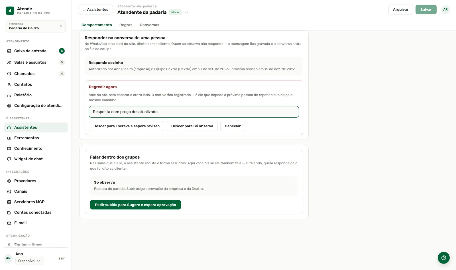 Regredir: motivo obrigatório, efeito imediato.