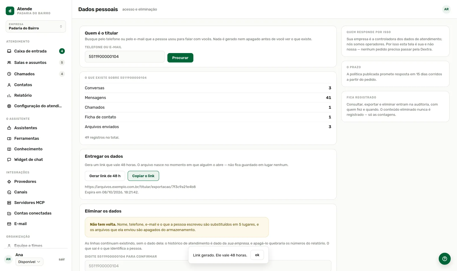 Gerar link de 48 h: mande o link, não o arquivo.