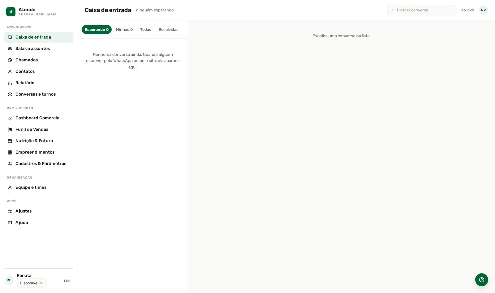 O menu é agrupado por assunto; o topo diz qual empresa.