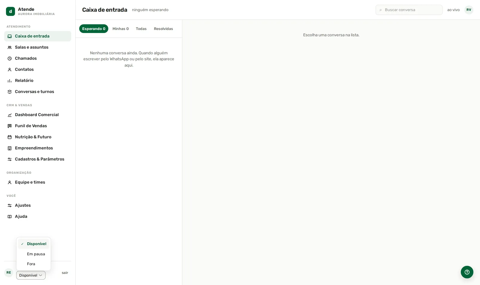 Disponível, em pausa ou fora — no rodapé do menu.