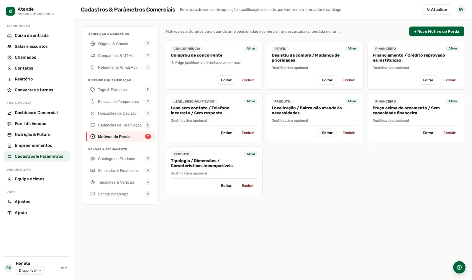 Cadastre os motivos de perda, cada um com a sua categoria.