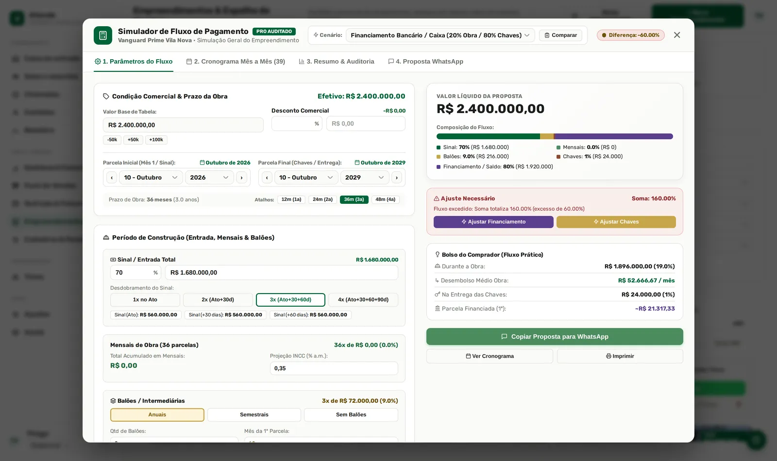 Passou de 100%, o simulador avisa e mostra onde corrigir.