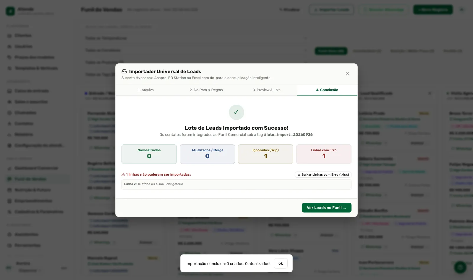Linha sem telefone nem e-mail não entra, e volta num arquivo.