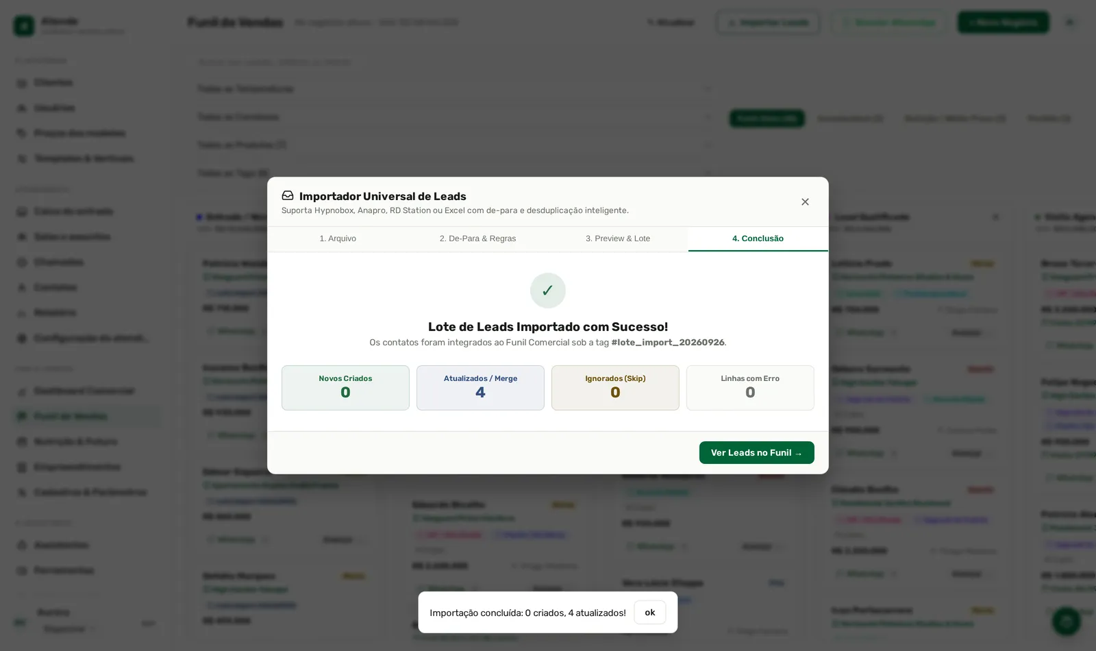 Reimportou o mesmo arquivo: nenhum criado, quatro atualizados.