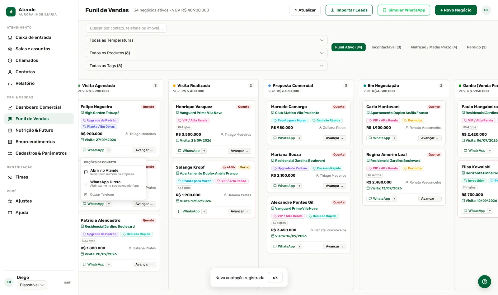 Três caminhos: caixa do Dextra Atende, WhatsApp direto ou copiar.