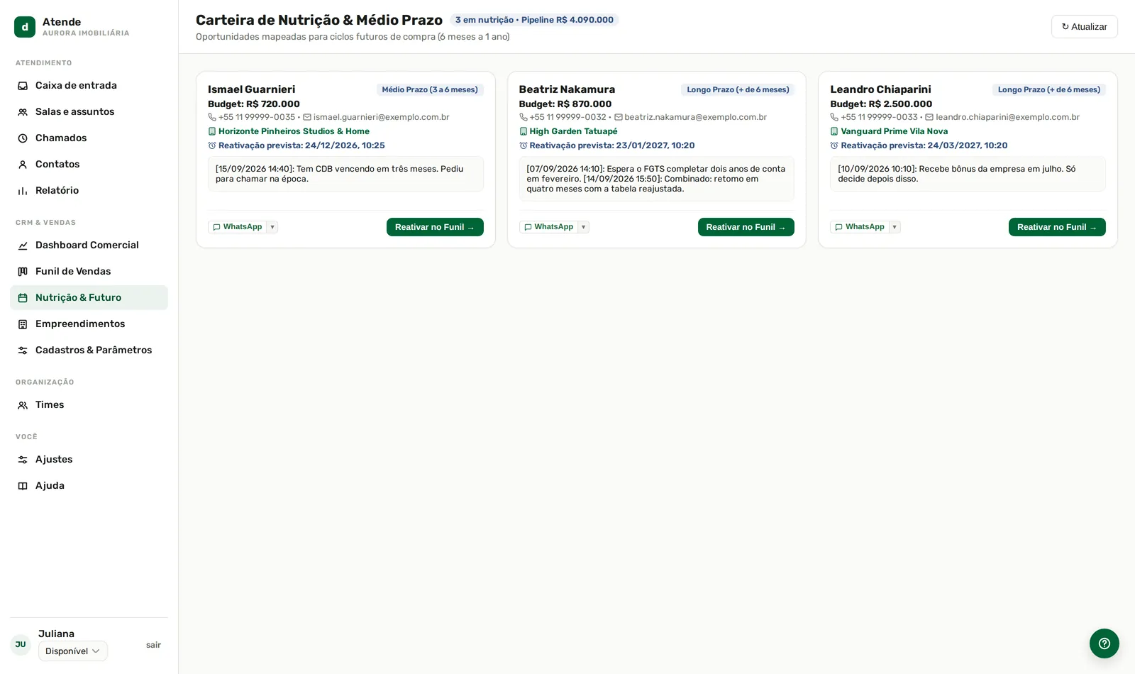 Nutrição: data de reativação na tela, botão manual ao lado.