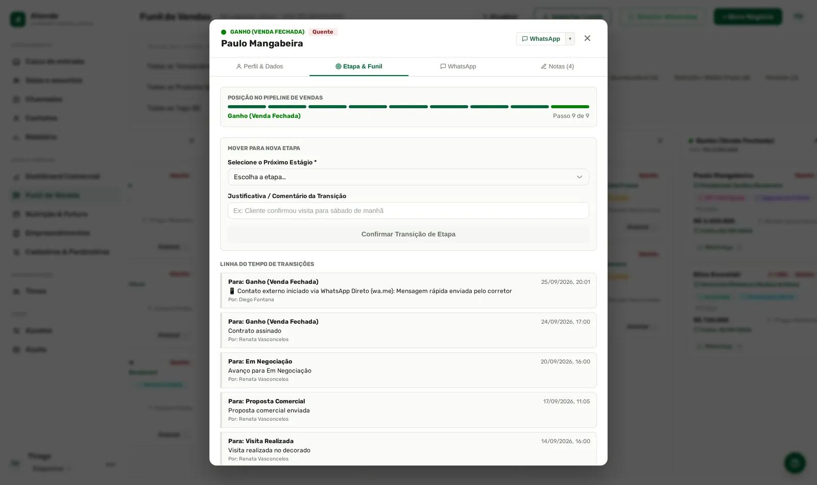 A linha do tempo guarda cada passagem, com data e hora.