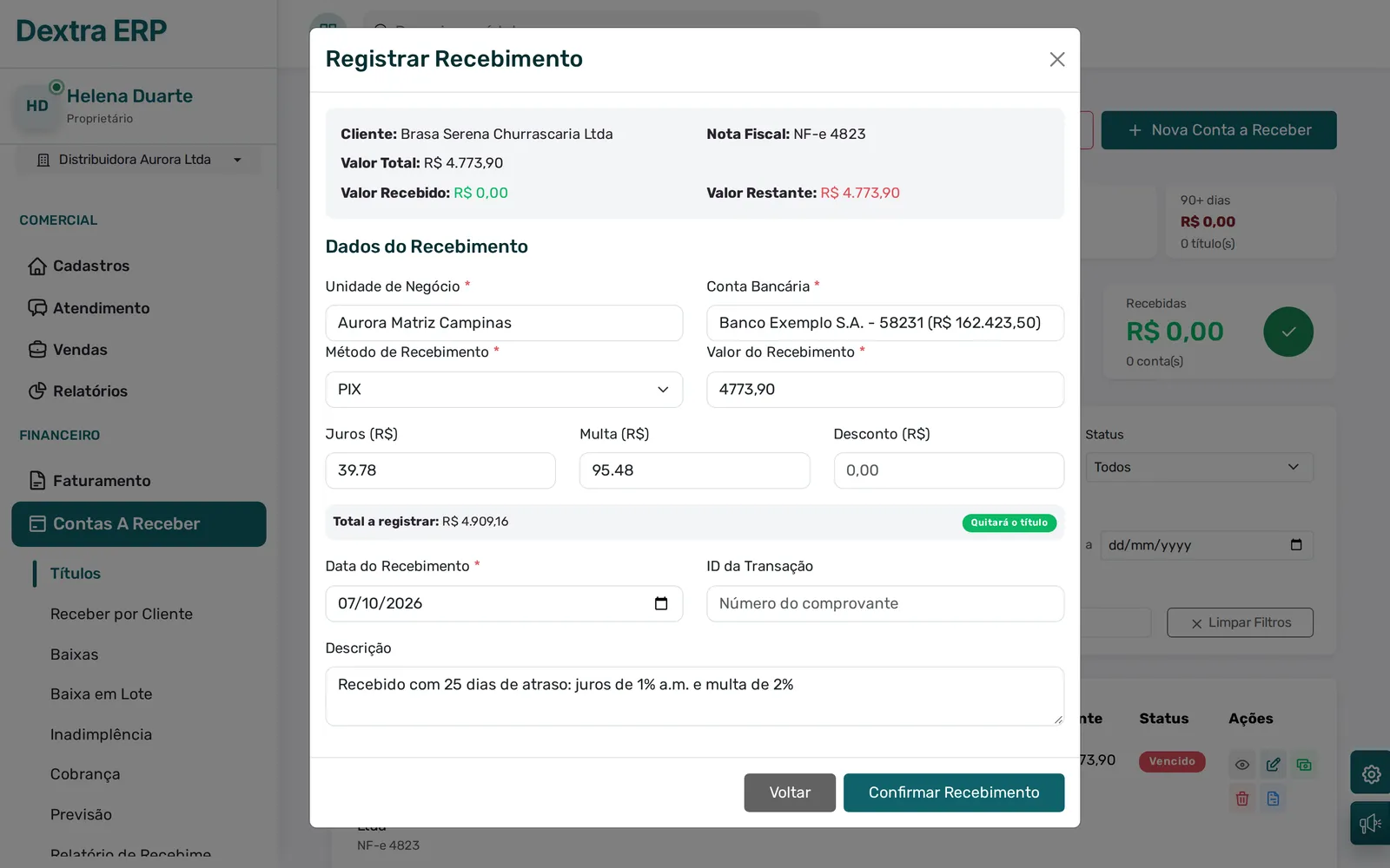 Janela Registrar recebimento com conta bancária, juros, multa, desconto e o total a registrar