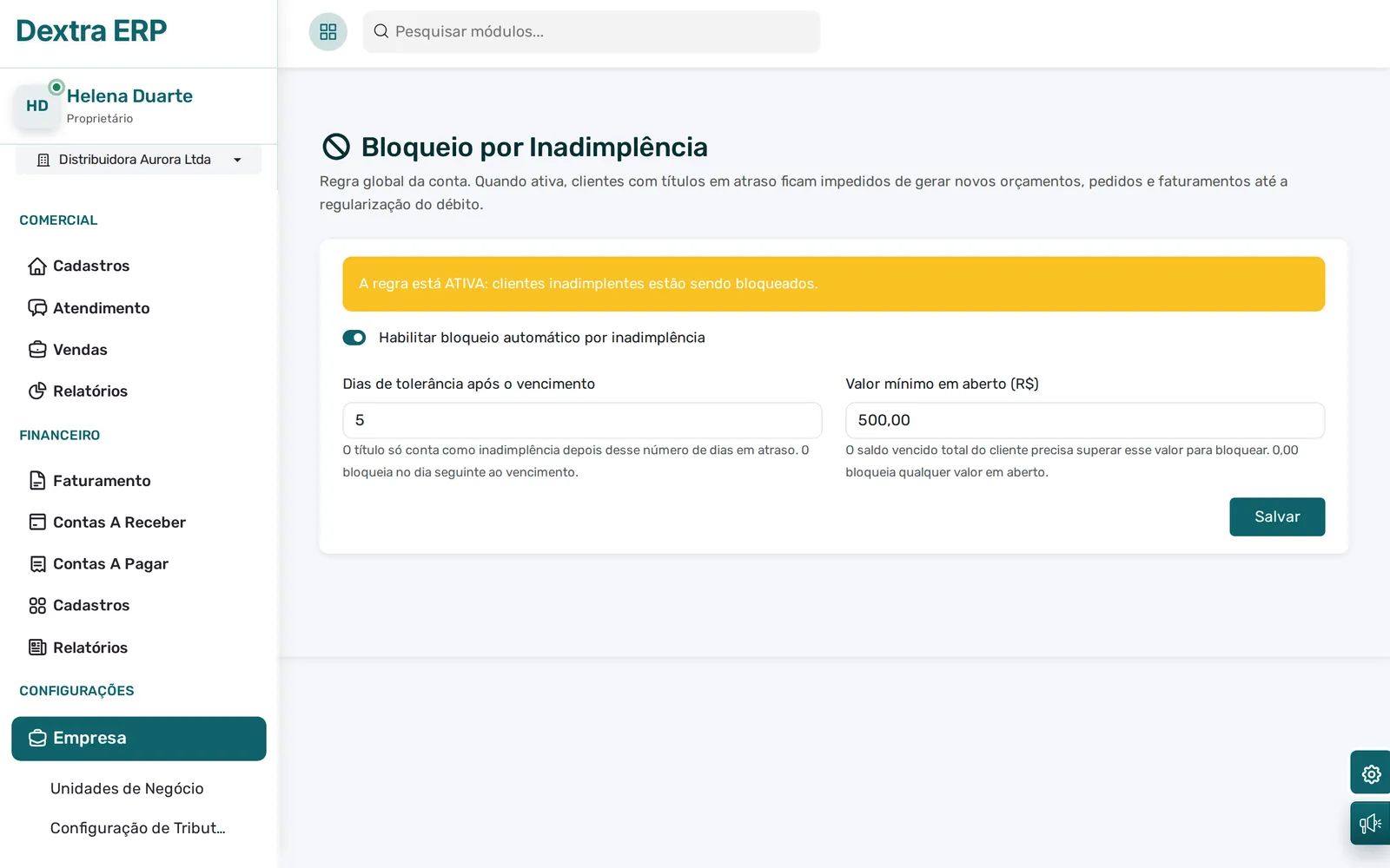 Bloqueio por inadimplência ativo, com 5 dias de tolerância e valor mínimo em aberto de R$ 500,00