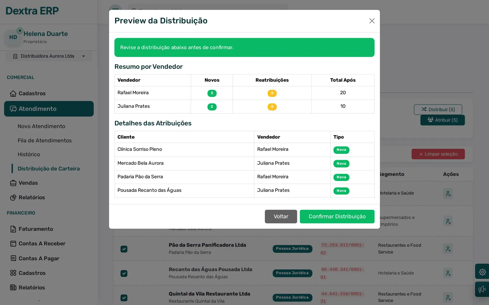Prévia da distribuição de carteira com o resumo por vendedor e o cliente atribuído a cada um