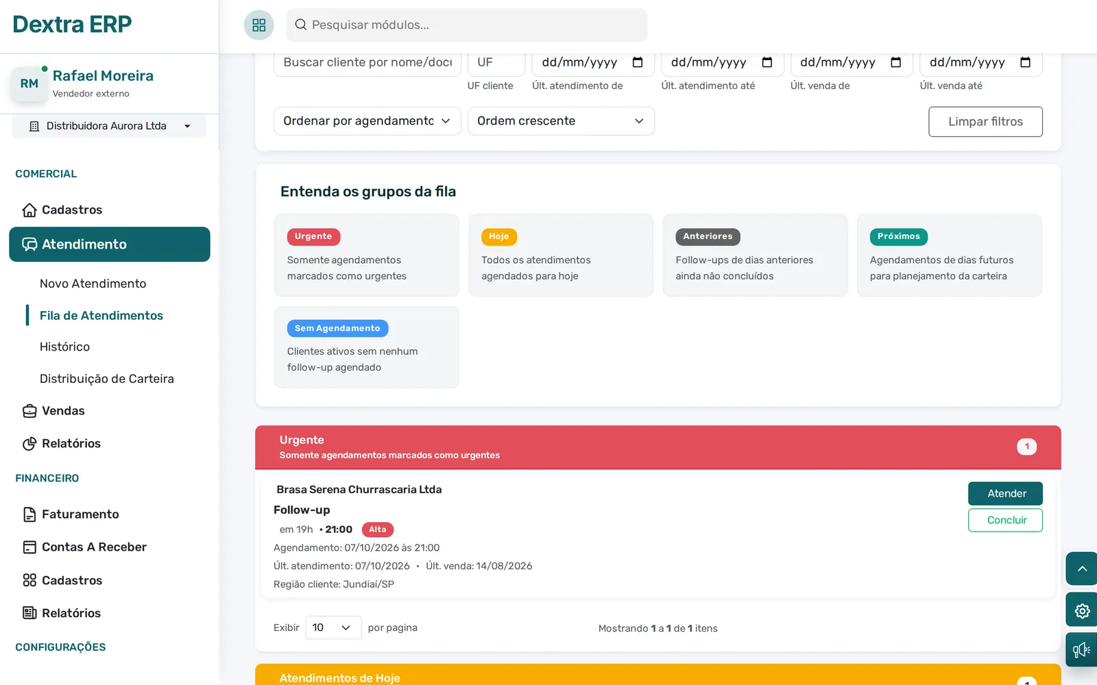 Fila de atendimentos com os grupos Urgente, Hoje, Anteriores, Próximos e Sem agendamento