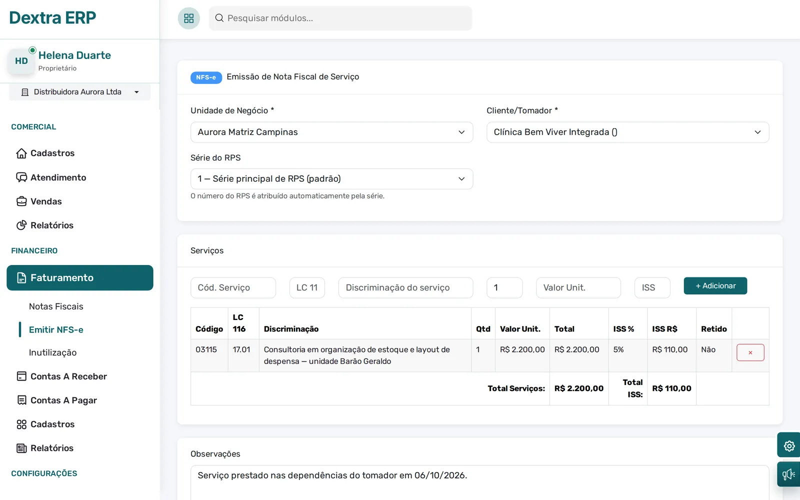 Emissão de NFS-e com unidade de negócio, tomador, série do RPS e o serviço com o ISS calculado