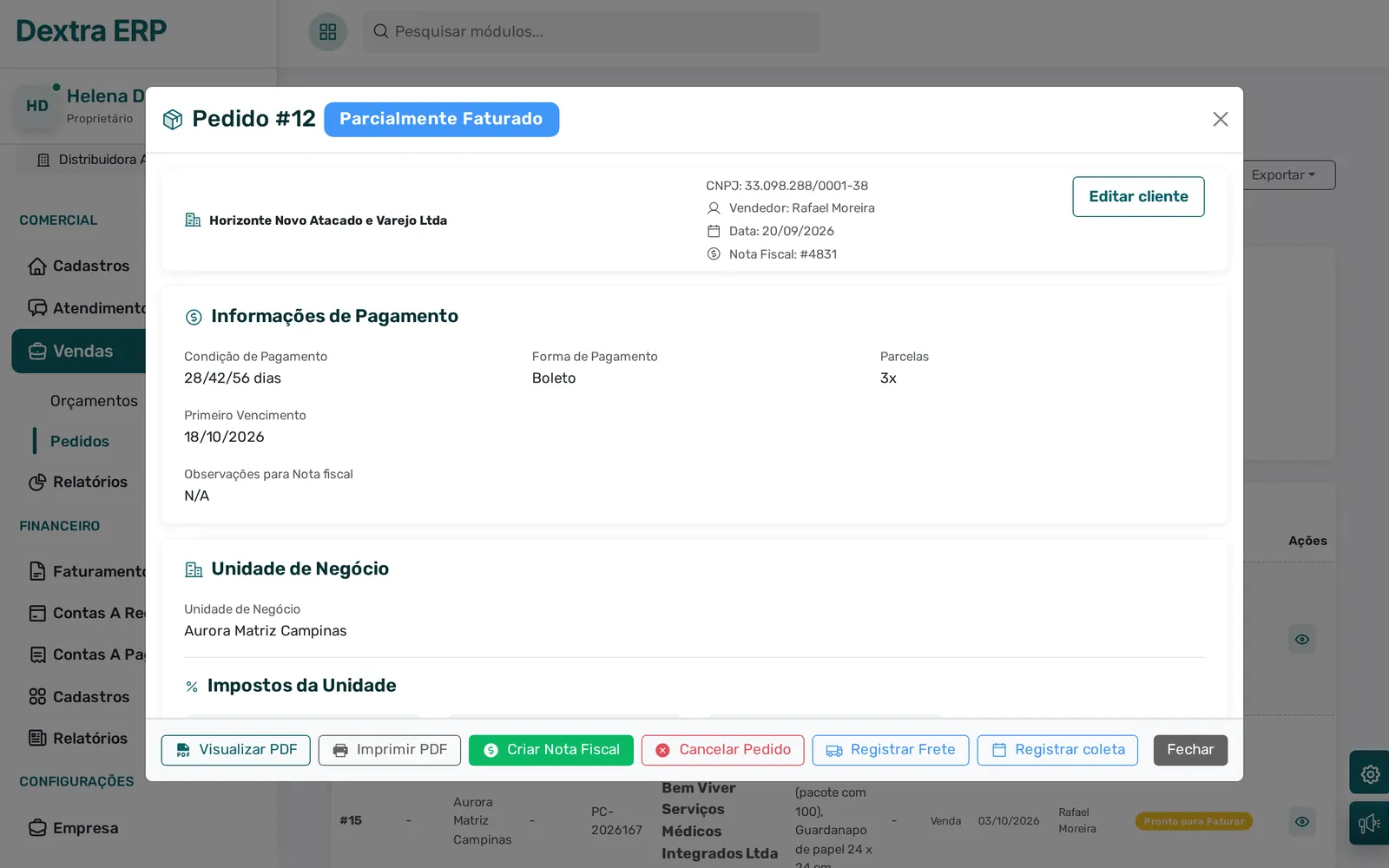 Pedido com o botão Criar Nota Fiscal ao lado de Visualizar PDF e Cancelar Pedido