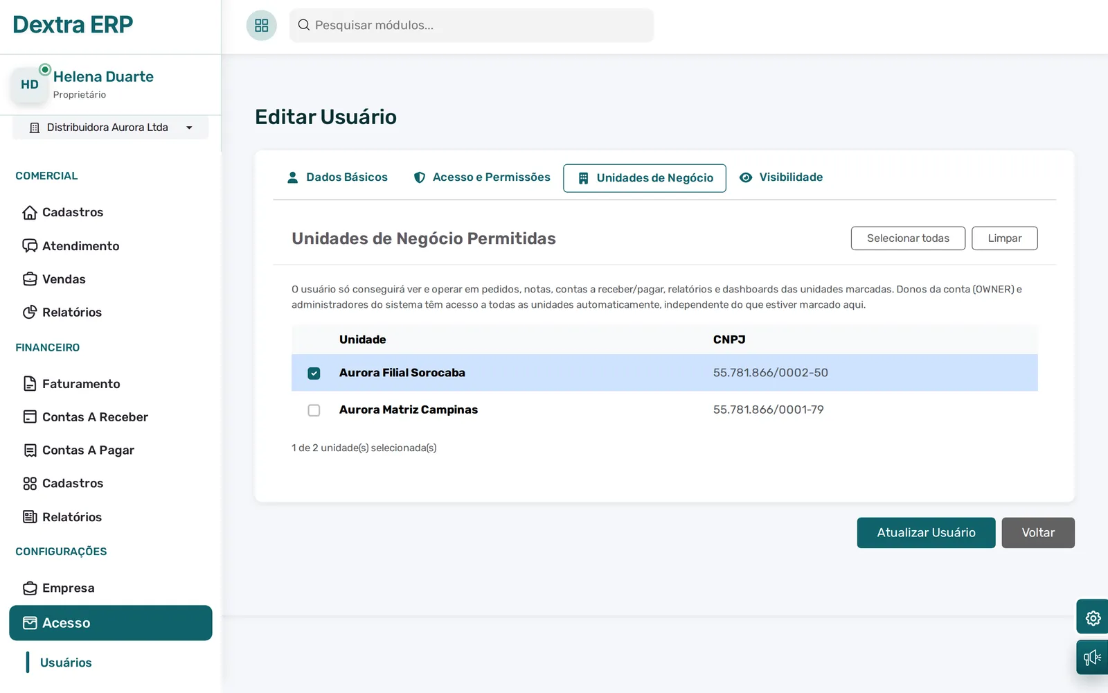 Usuário com as unidades de negócio permitidas, uma das duas marcada